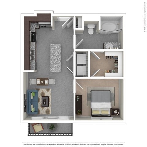 Floor plan for 1 bed, 1 bath, 594 sqft