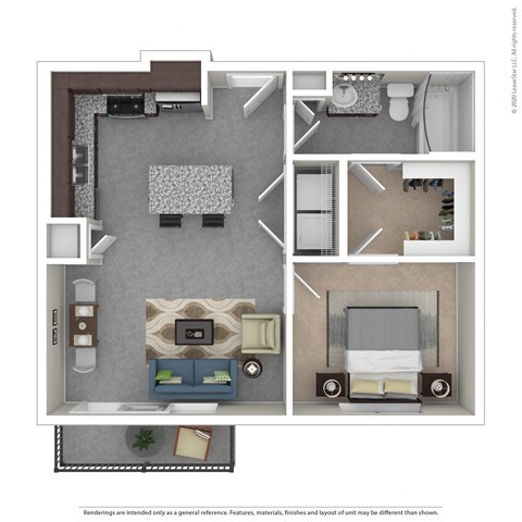 Floor plan for 1 bed, 1 bath, 621 sqft