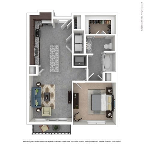 Floor plan for 1 bed, 1 bath, 699 sqft