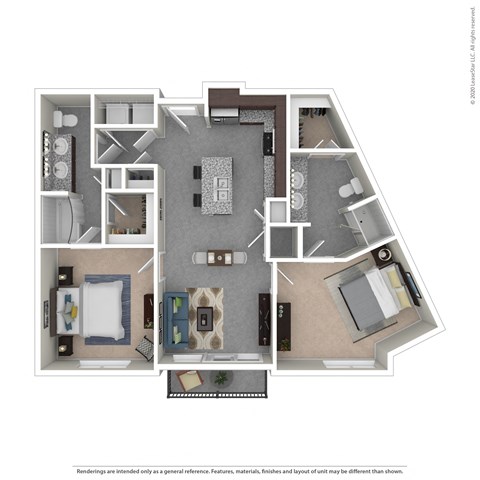 Floor plan for 2 beds, 2 baths, 1037 sqft