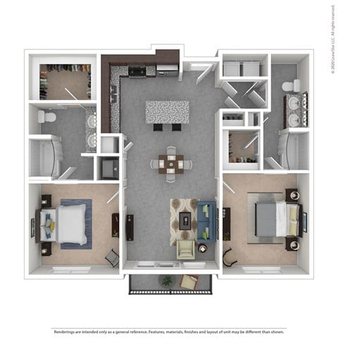 Floor plan for 2 beds, 2 baths, 1128 sqft