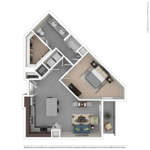 Floor plan for 1 bed, 1 bath, 883 sqft