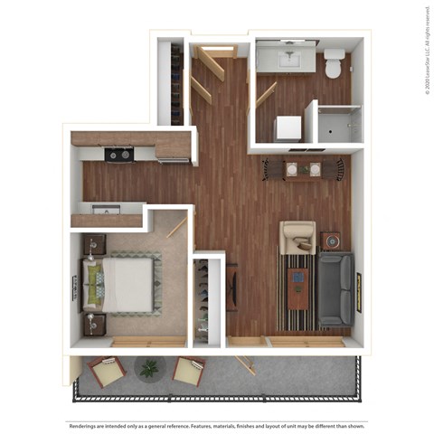 Floor plan for 1 bed, 1 bath, 607 sqft