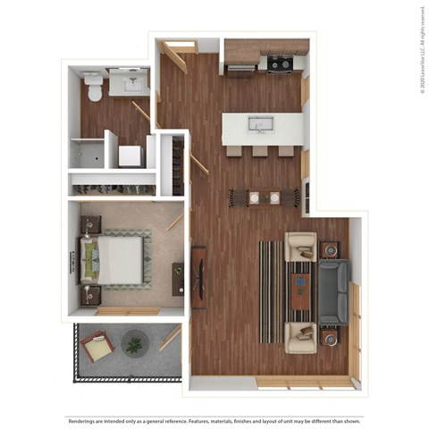 Floor plan for 1 bed, 1 bath, 597 sqft