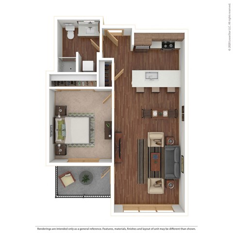 Floor plan for 1 bed, 1 bath, 642 sqft