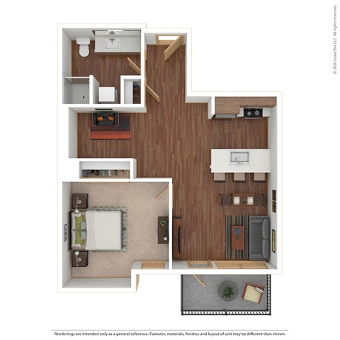 Floor plan for 1 bed, 1 bath, 699 sqft