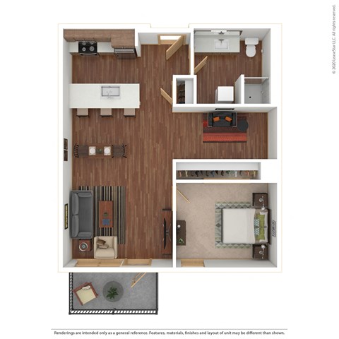 Floor plan for 1 bed, 1 bath, 725 sqft