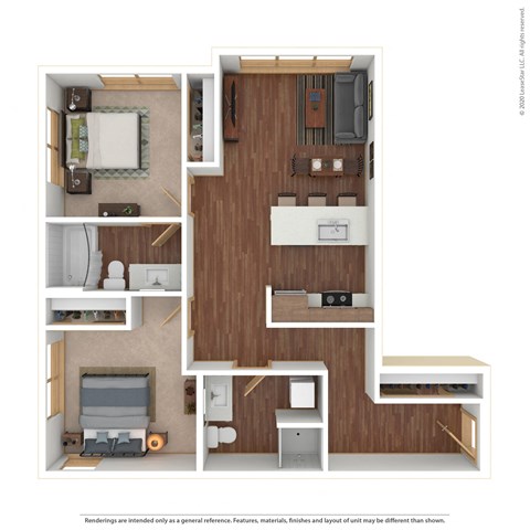 Floor plan for 2 beds, 2 baths, 842 sqft