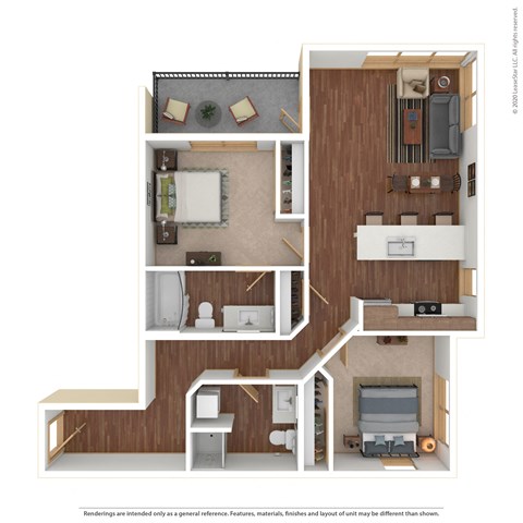 Floor plan for 2 beds, 2 baths, 947 sqft