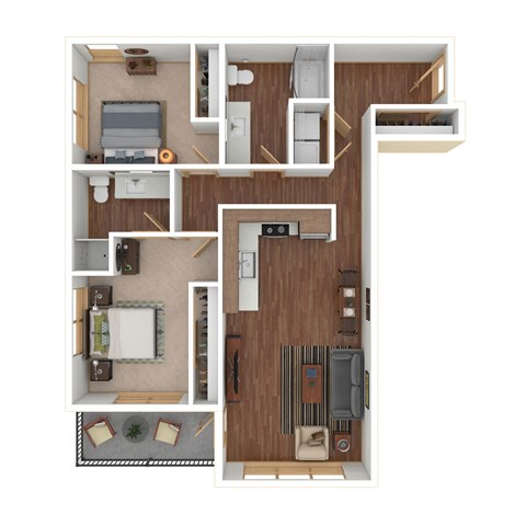 Floor plan for 2 beds, 2 baths, 935 sqft