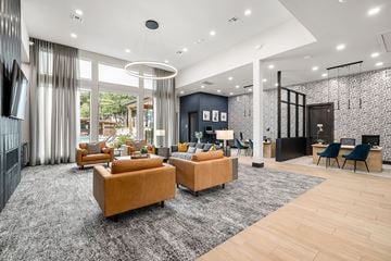 San Antonio apartment for rent - A modern living room with a grey carpet and wooden flooring.