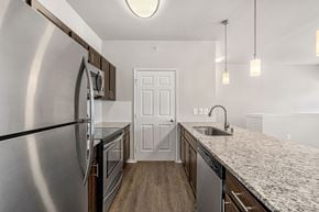 Frisco apartment for rent - A kitchen with a stainless steel refrigerator and a white door.
