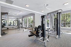 Charlotte apartment for rent - A gym with a variety of equipment including a leg press machine.