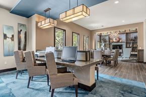Cedar Park apartment for rent - a large dining room with chairs and a table with a laptop