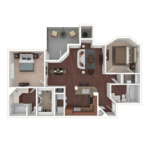 Floor plan for 2 beds, 2 baths, 1107 sqft