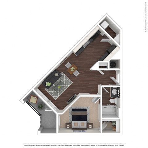 Floor plan for 1 bed, 1 bath, 679 sqft