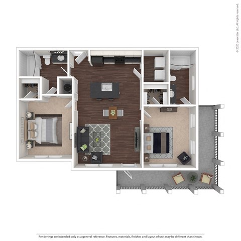 Floor plan for 2 beds, 2 baths, 952 sqft