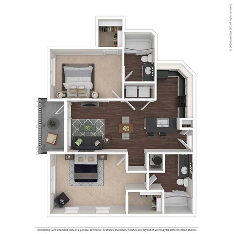 Floor plan for 2 beds, 2 baths, 1007 sqft