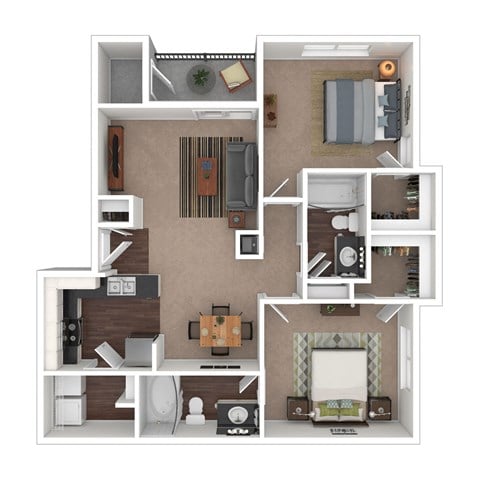 Floor plan for 2 beds, 2 baths, 944 sqft