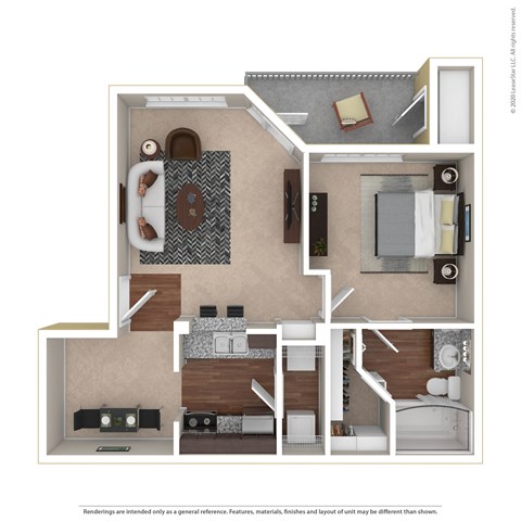 Floor plan for 1 bed, 1 bath, 642 sqft