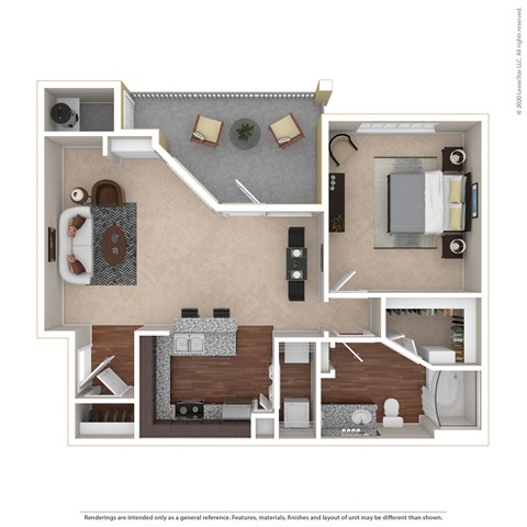 Floor plan for 1 bed, 1 bath, 735 sqft