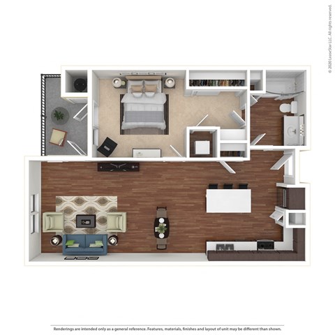 Floor plan for 1 bed, 1 bath, 761 sqft
