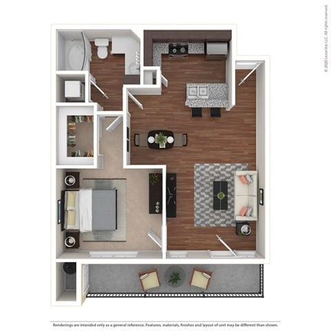 Floor plan for 1 bed, 1 bath, 726 sqft