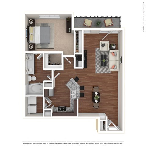 Floor plan for 1 bed, 1 bath, 877 sqft