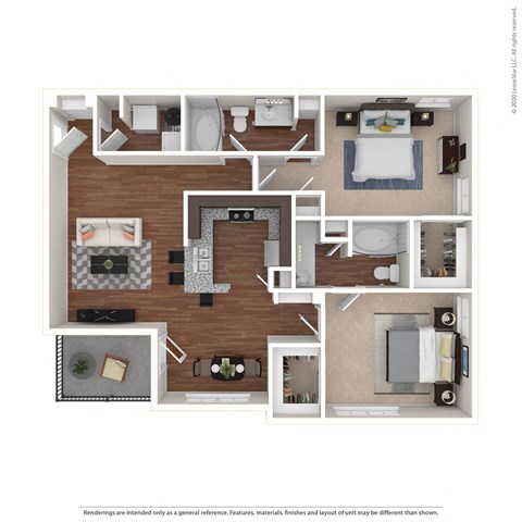 Floor plan for 2 beds, 2 baths, 1225 sqft