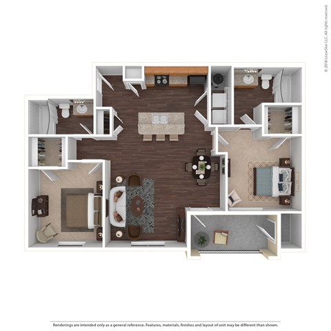 Floor plan for 2 beds, 2 baths, 985 sqft