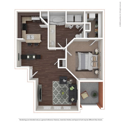 Floor plan for 1 bed, 1 bath, 750 sqft