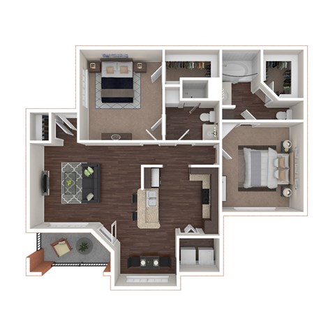 Floor plan for 2 beds, 2 baths, 1057 sqft