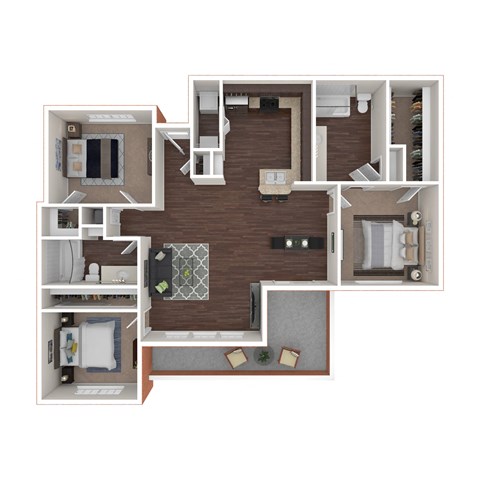 Floor plan for 3 beds, 2 baths, 1268 sqft