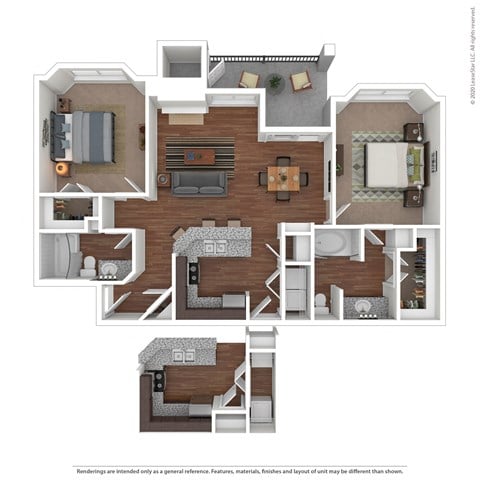 Floor plan for 2 beds, 2 baths, 1031 sqft