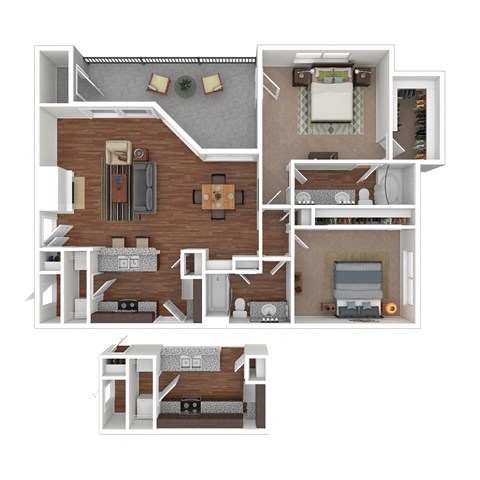 Floor plan for 2 beds, 2 baths, 1166 sqft