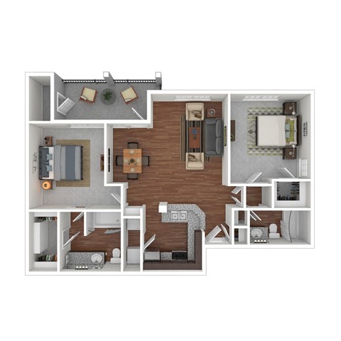 Floor plan for 2 beds, 2 baths, 1045 sqft