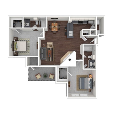 Floor plan for 2 beds, 2 baths, 1033 sqft