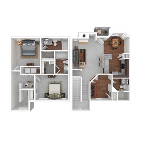 Floor plan for 2 beds, 3 baths, 1309 sqft