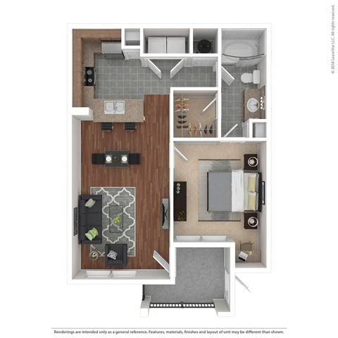 Floor plan for 1 bed, 1 bath, 716 sqft