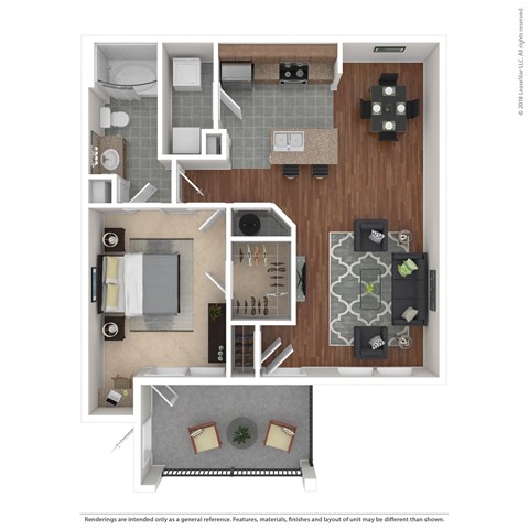 Floor plan for 1 bed, 1 bath, 877 sqft