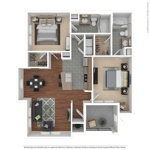 Floor plan for 2 beds, 2 baths, 1053 sqft