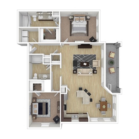Floor plan for 2 beds, 2 baths, 1285 sqft