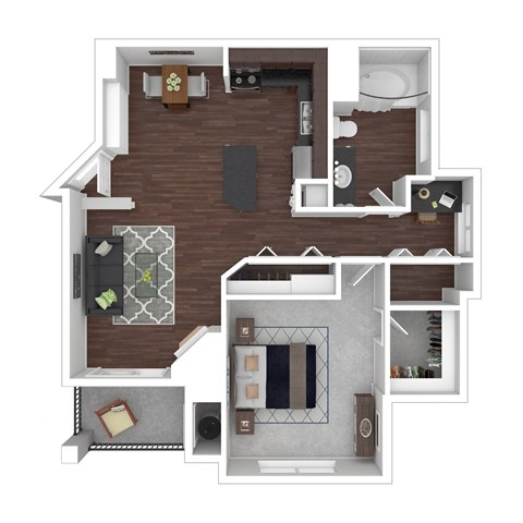 Floor plan for 1 bed, 1 bath, 769 sqft