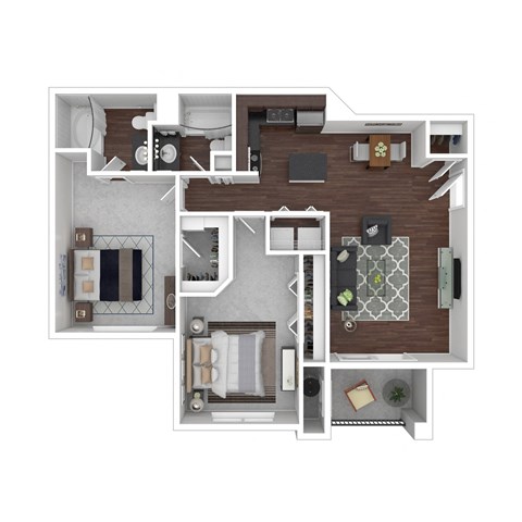 Floor plan for 2 beds, 2 baths, 956 sqft
