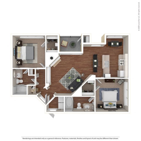 Floor plan for 2 beds, 2 baths, 1040 sqft