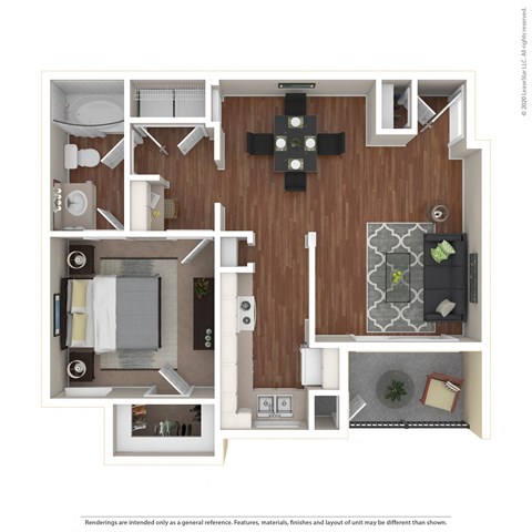 Floor plan for 1 bed, 1 bath, 707 sqft