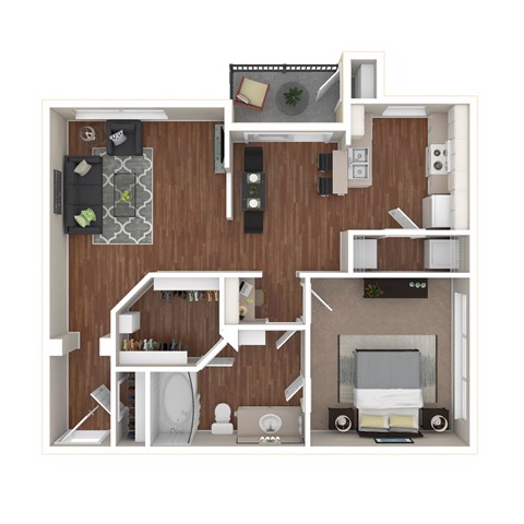 Floor plan for 1 bed, 1 bath, 755 sqft