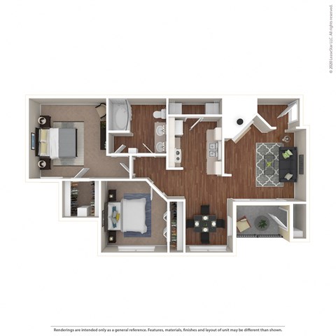 Floor plan for 2 beds, 1 bath, 843 sqft