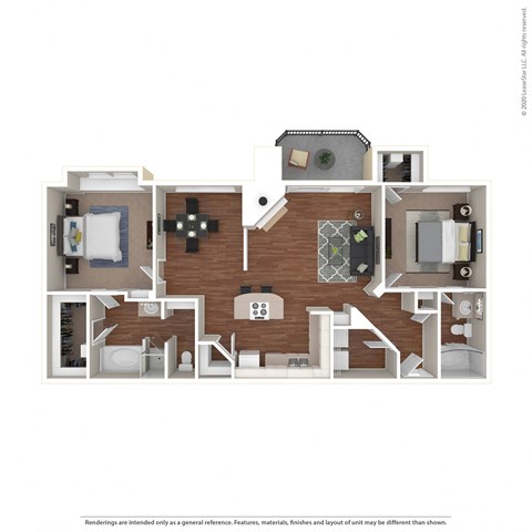 Floor plan for 2 beds, 2 baths, 1135 sqft