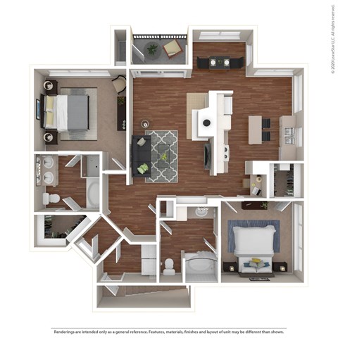 Floor plan for 2 beds, 2 baths, 1288 sqft